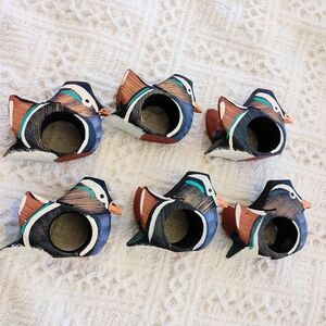 Hand-Painted Wooden Mandarin Duck Napkin Rings - Set of 6